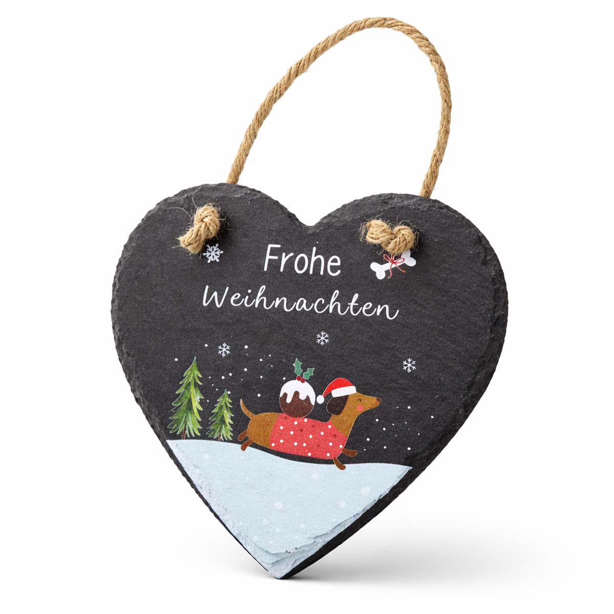 Schieferherz Frohe Weihnachten, Hängeherz mit Weihnachtsdackel im Schnee