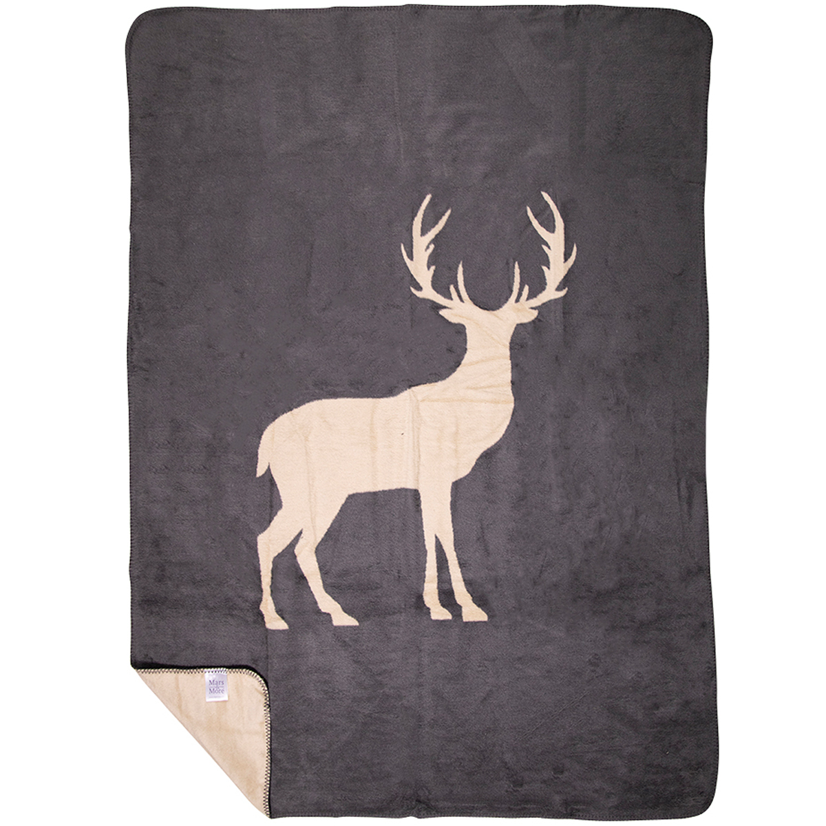 Fleecedecke Hirsch, Wendedecke Plaid stehender Hirsch anthrazit-beige, 130x180cm, Mars & More