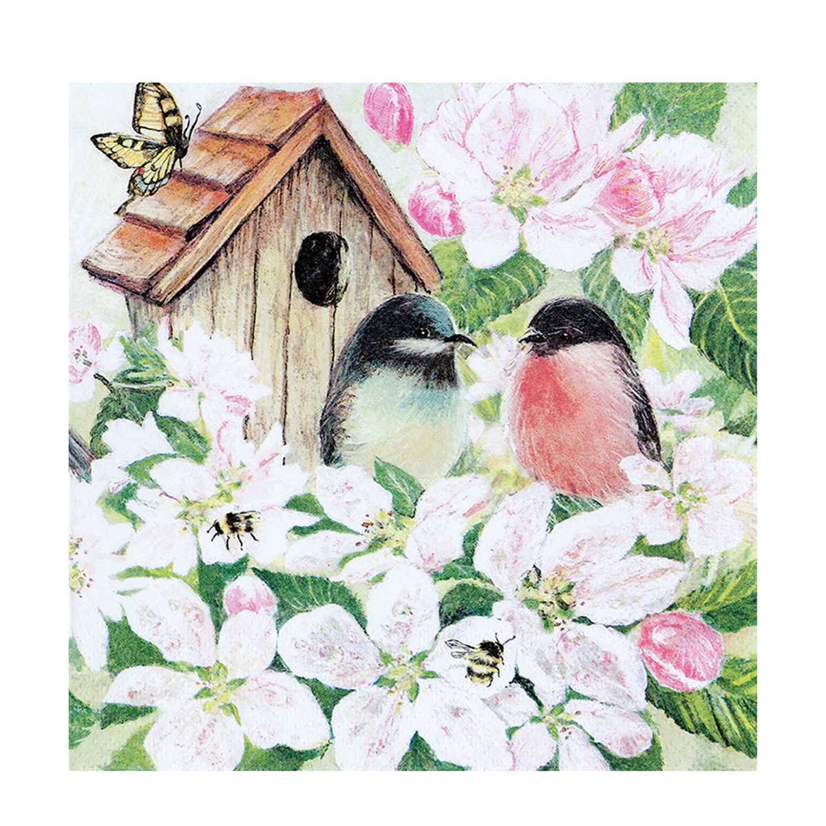 Home Fashion Papierservietten Frühling, Vögel, Bienen und Schmetterlinge auf Blüten, 25x25cm