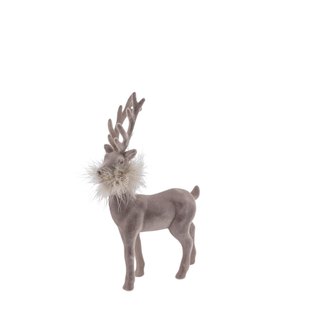 Deko Hirsch mit Federboa, grauer Hirsch, samtig beflockt, 19cm