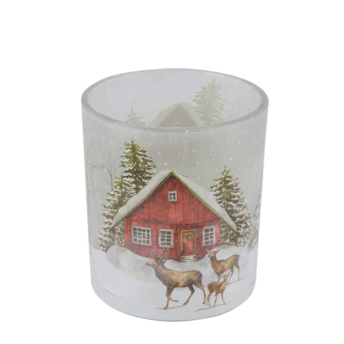 Windlicht Hüttenzauber, Glas Windlicht mit Berghütte, Hirsch und Rehe im Winterwald, 9cm