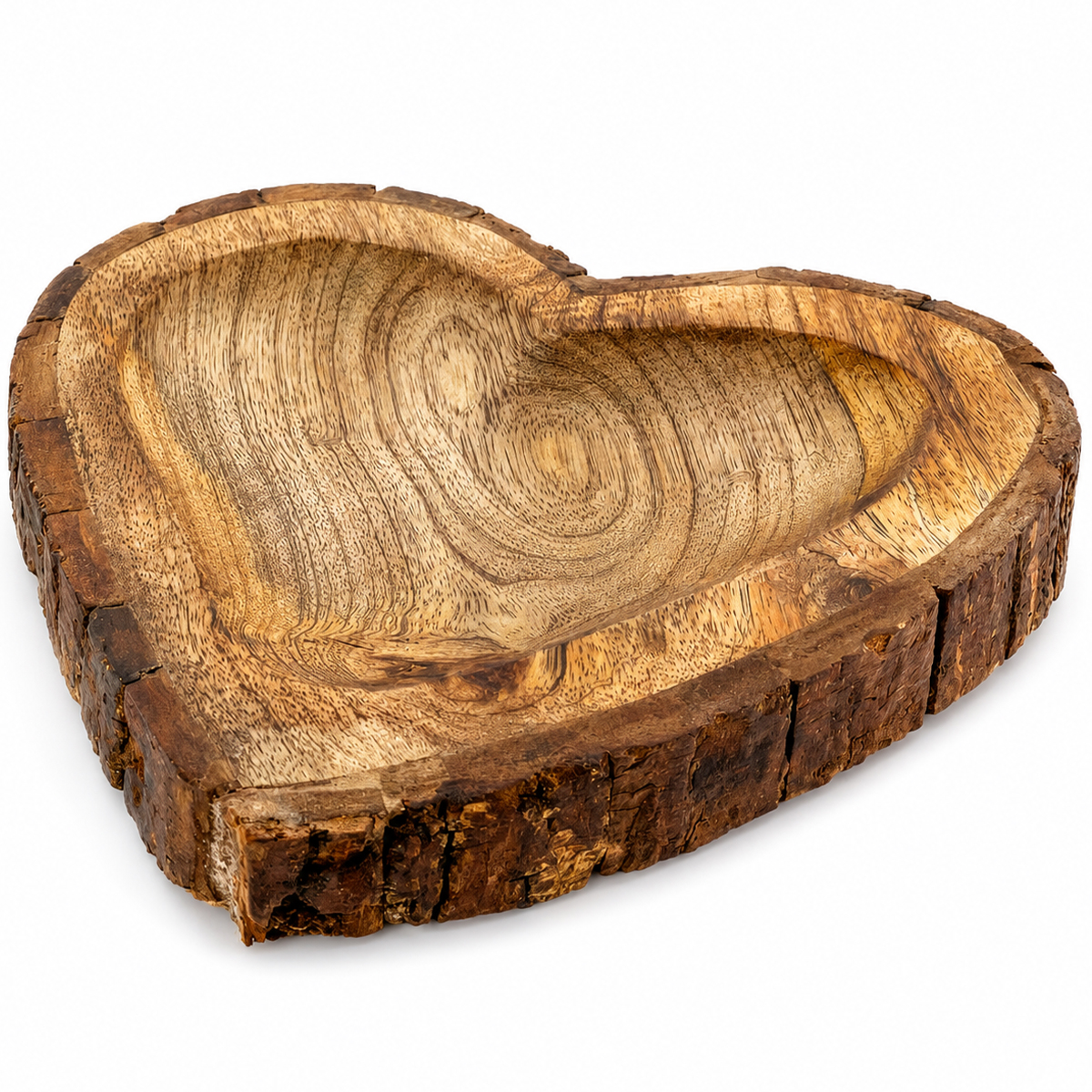 Holzschale Herz, rustikale Naturholzschale mit Rinde und kleiner Vertiefung, 20cm