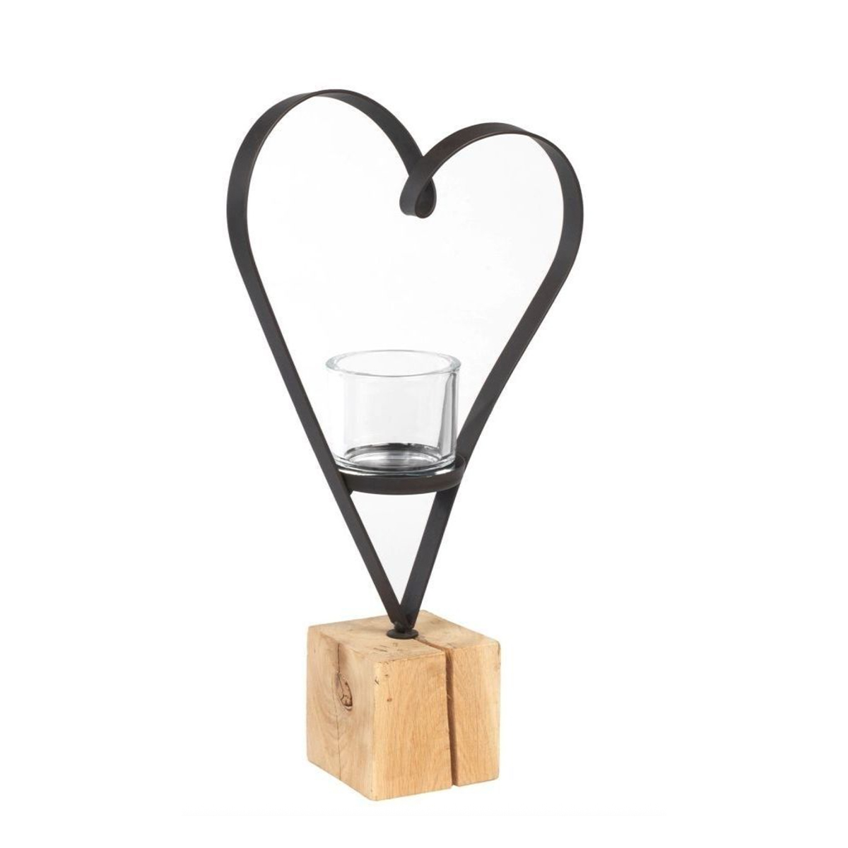 Deko Windlicht Herz Diana, geschwungenes Metallherz auf Naturholzwürfel, 55cm, WMG Grünberger