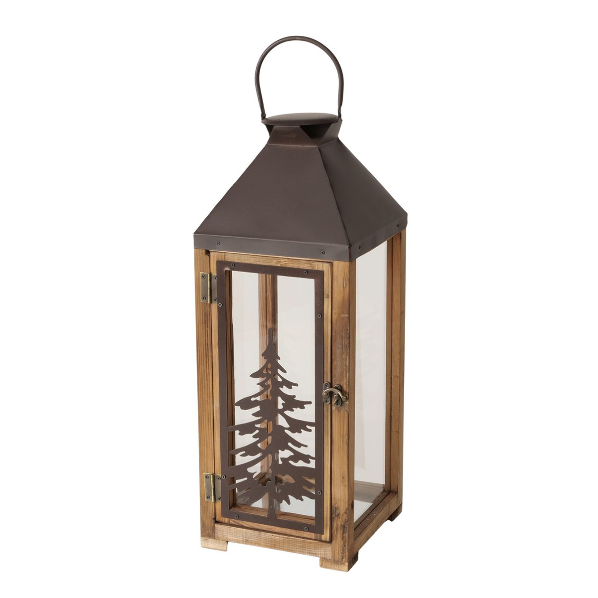 Laterne Finnley, Holzlaterne mit Metalldach und Tannenbaum, 55cm, Boltze Home Collections