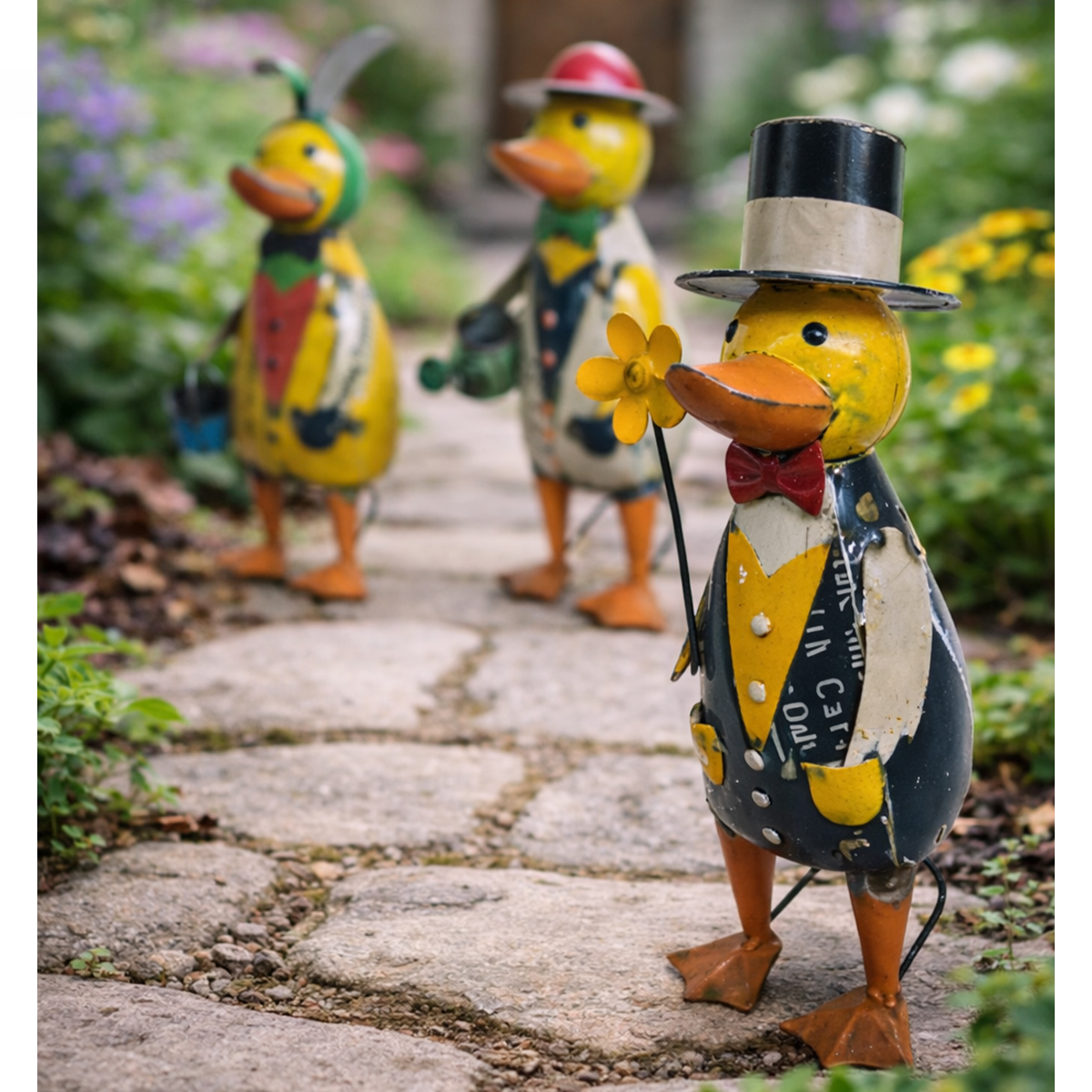 Ente mit Zylinder und Blume, lustige Metallente im Shabby Look, 38cm 