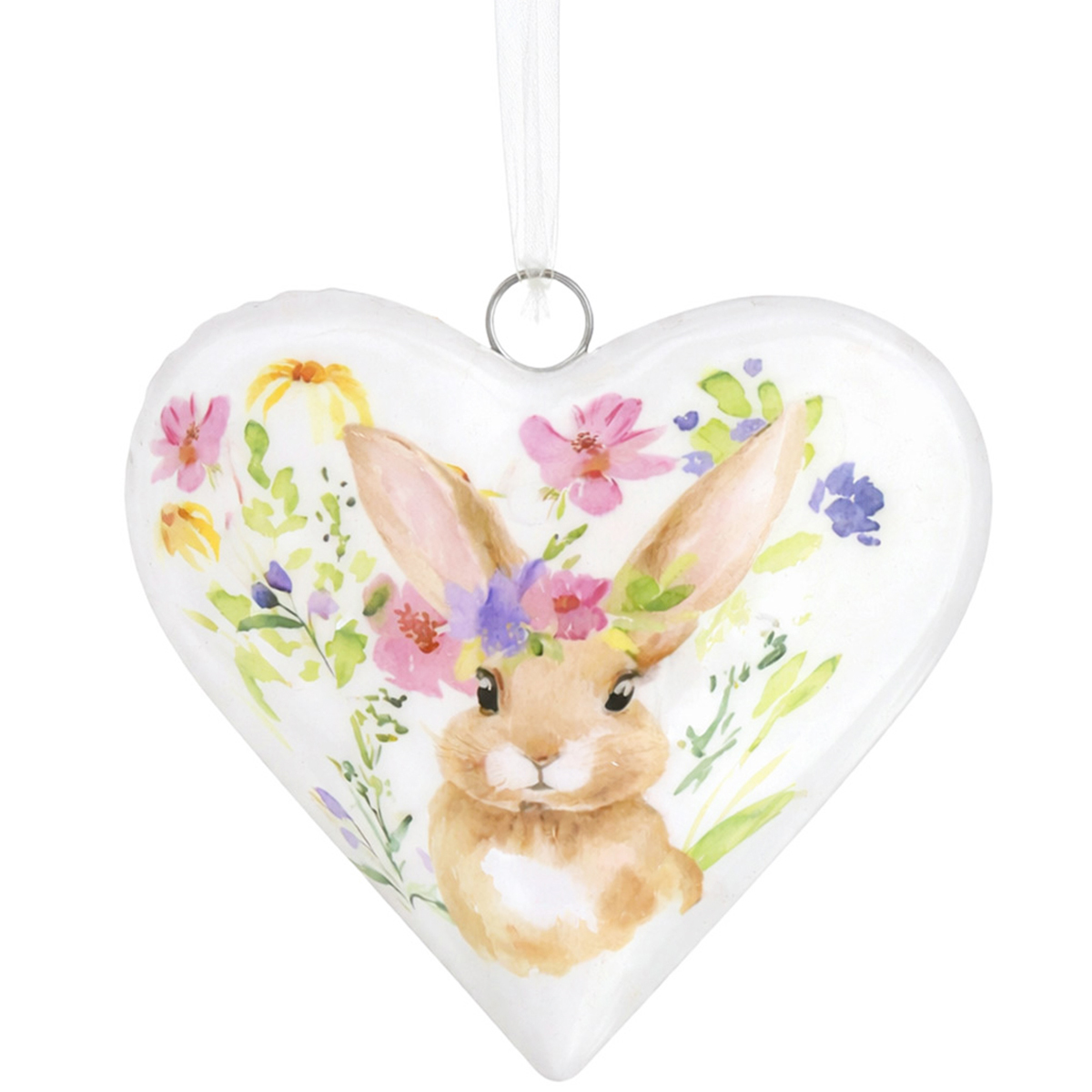 Deko Herz Ostern, Metallherz mit putzigem Häschen und Blumen, 14cm