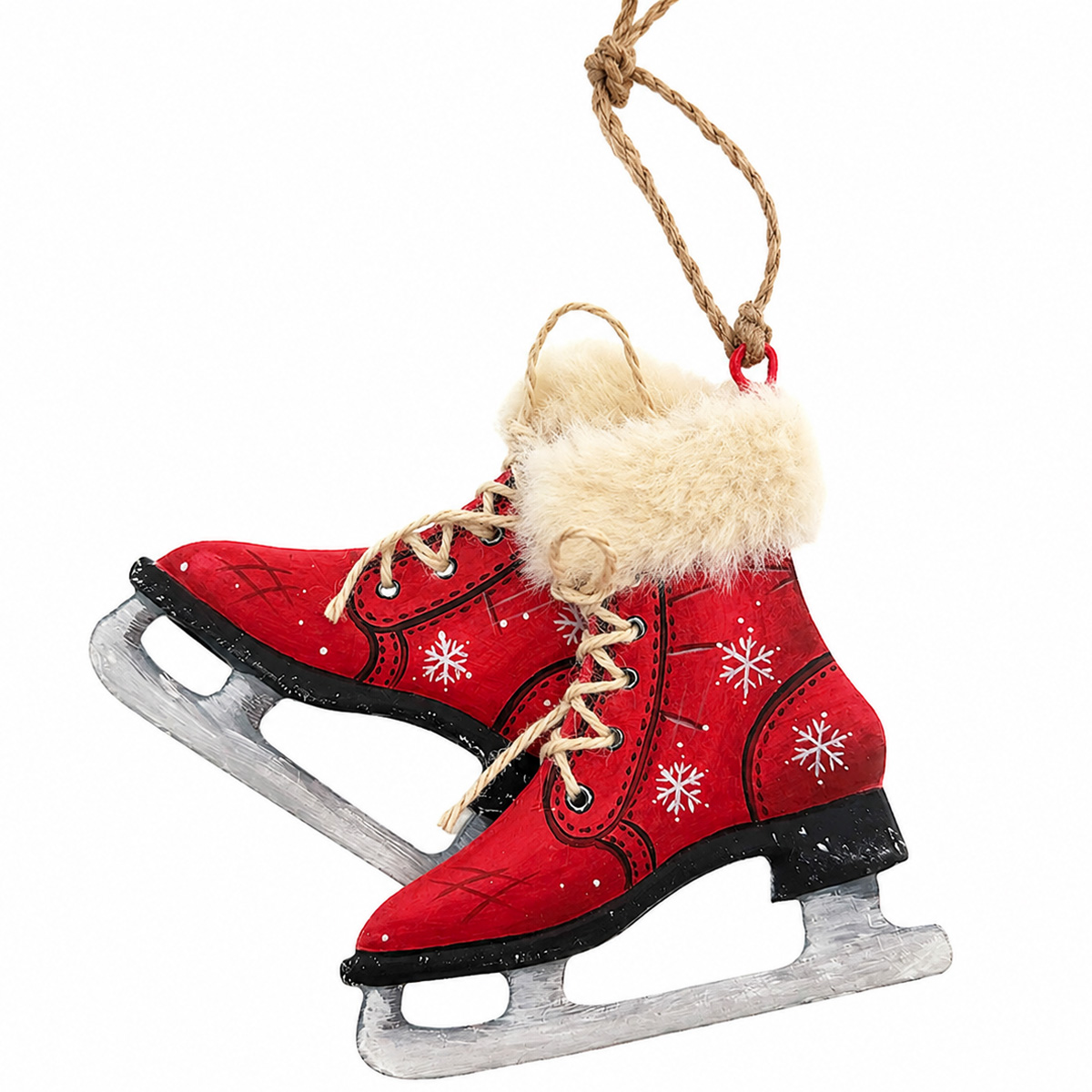 Deko Schlittschuhe Nostalgie Look rot, Metallhänger mit Plüsch und Schneekristalle