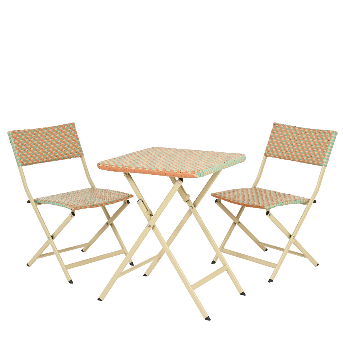 Bistroset Montpellier orange/grün/beige Flechtmuster, Balkon- Gartentischset 3- teilig, klappbar, ou