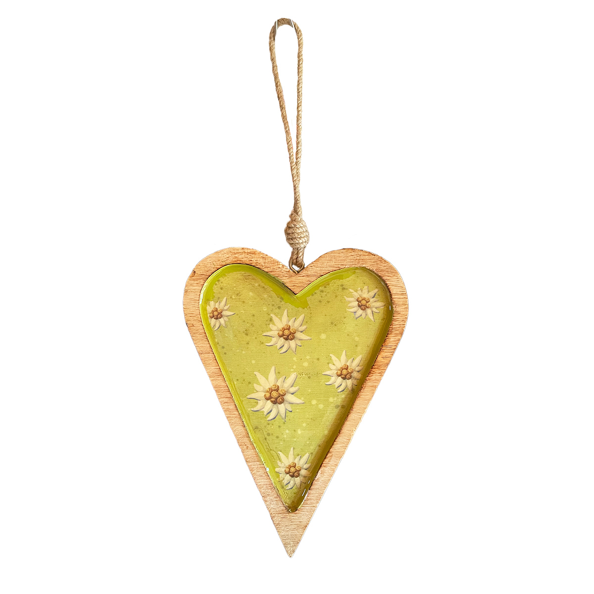 Deko Herz Landhaus, Holzherz hellgrün mit Edelweiß, Emailleoptik, 11x14cm, Hänger