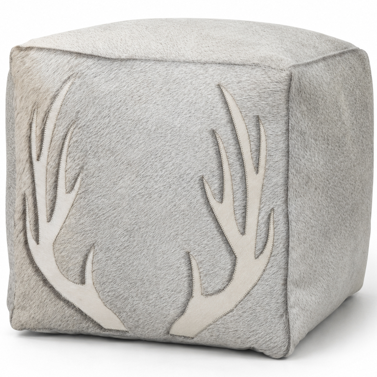 Kuhfell-Pouf mit Hirschgeweih, grauer Fell-Pouf
