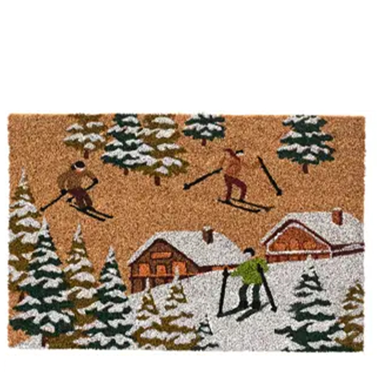 Kokos Fussmatte Winter, Skifahrer und Berghütten, Winterwald, 60x40cm
