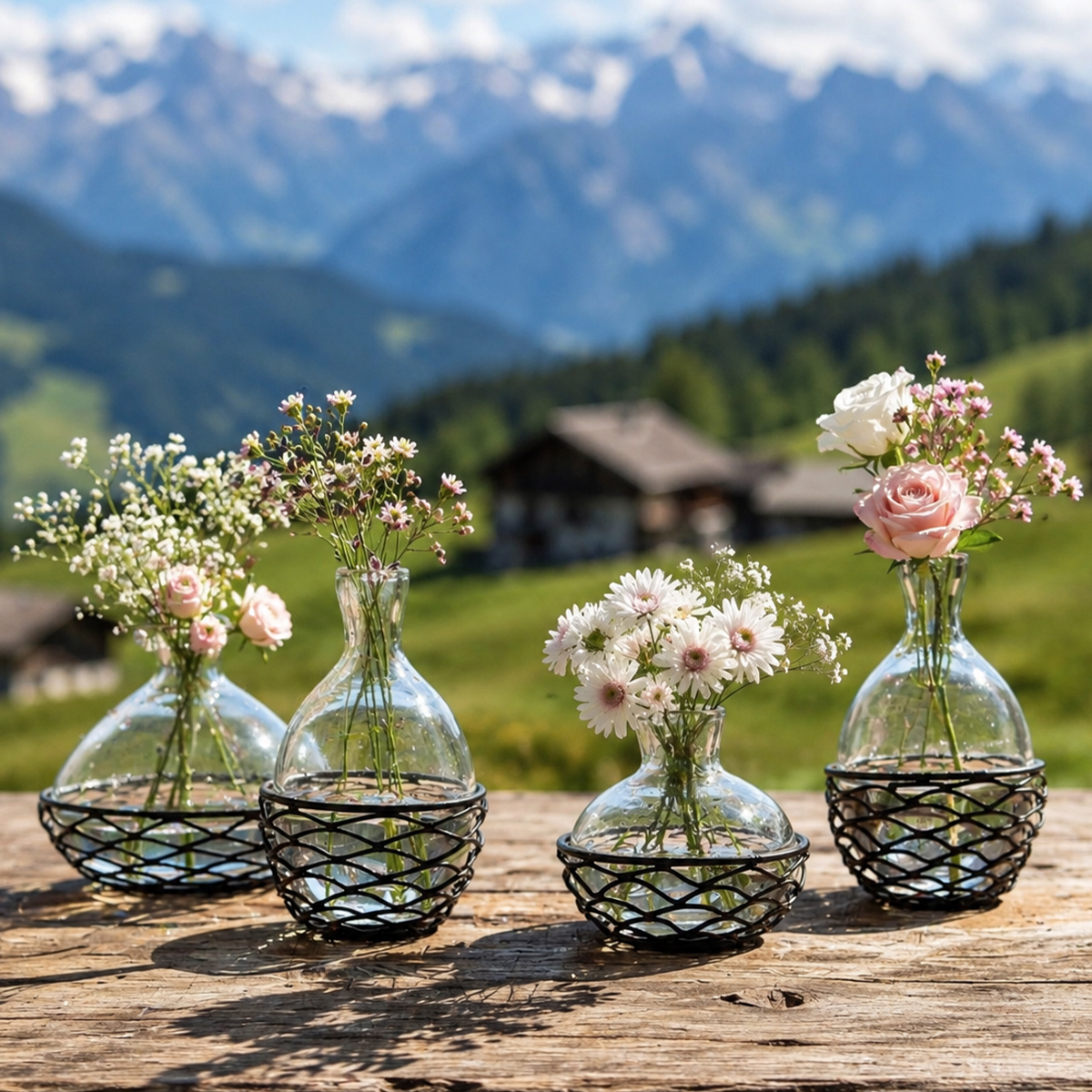 Deko Vase Wave, kleine Blumenvase im Gitterkorb, WMG Grünberger