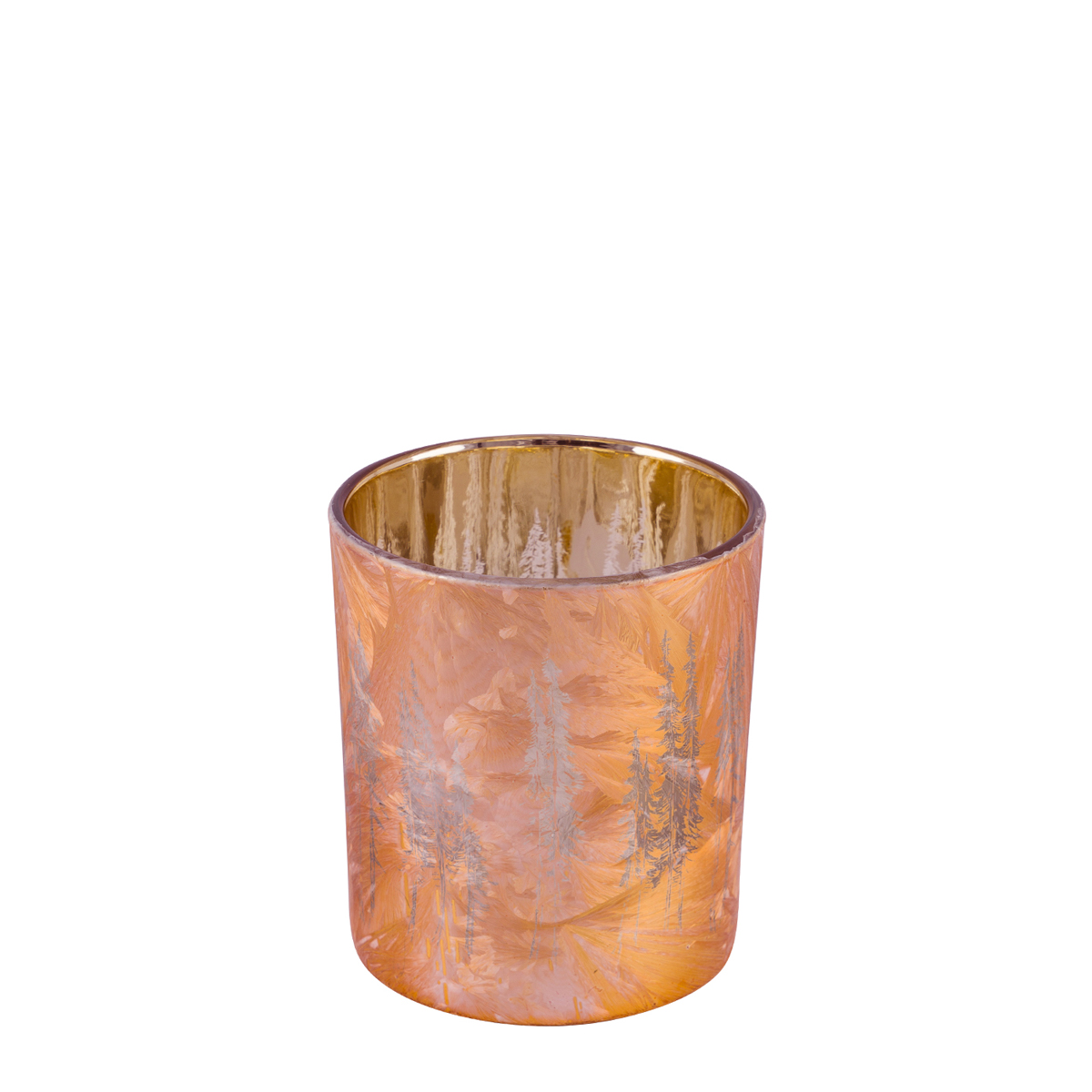 Windlicht Winterwald kupfer, Glaswindlicht mit Tannenbaum-Motiv, durchscheinend, 8cm