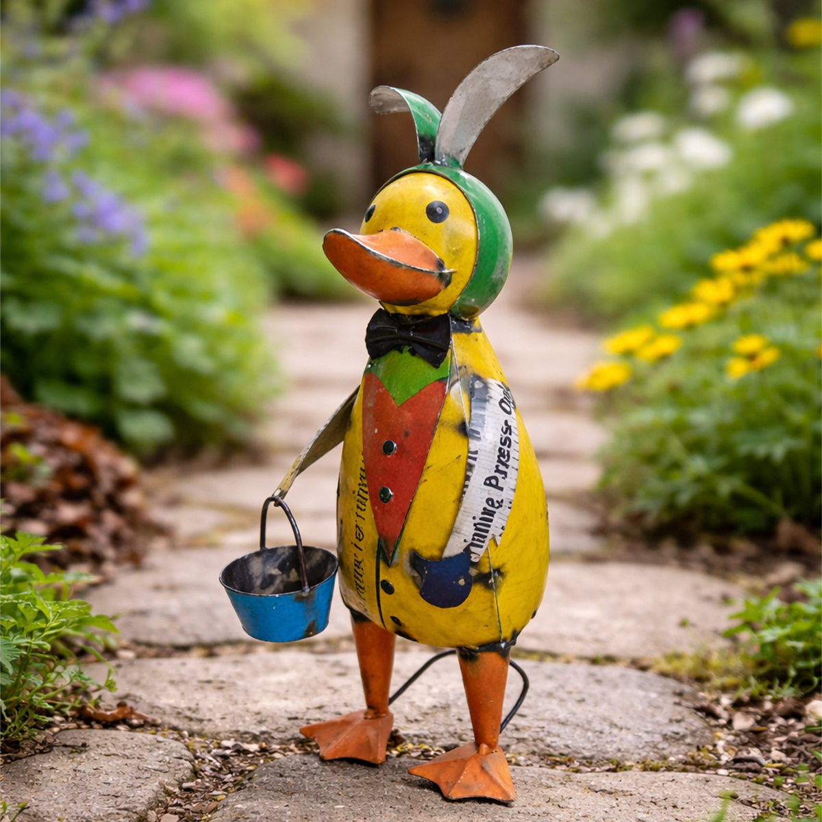 Ente mit Eimer, lustige Metallente im Shabby Look, 38cm 