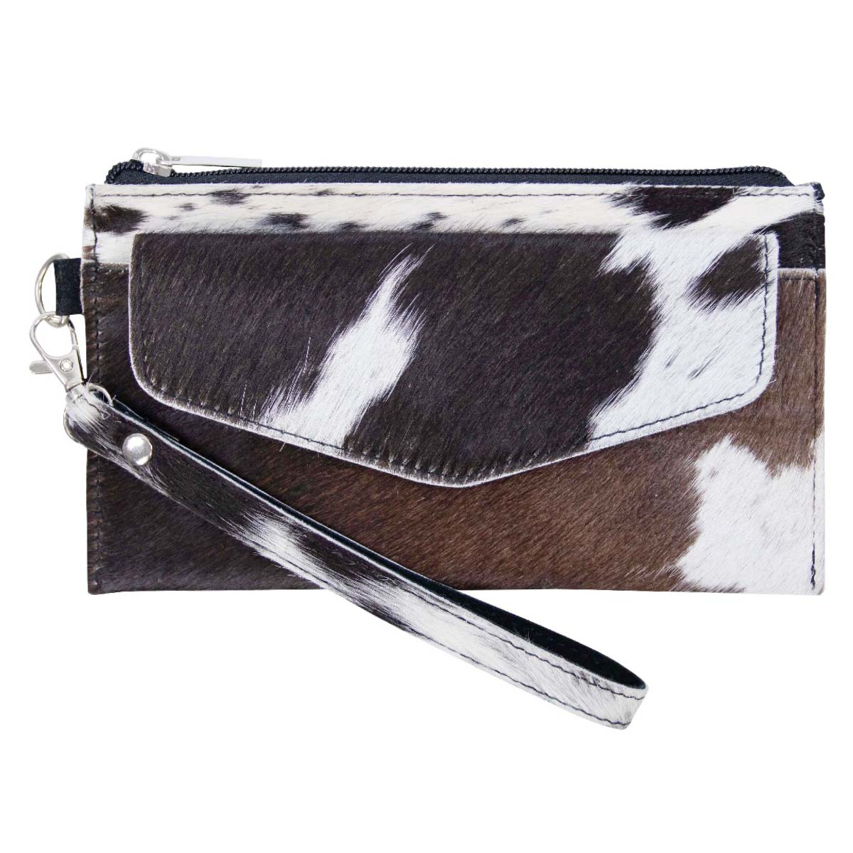 Kuhfell Mäppchen mit Außenfach, Geldbörse mit Handschlaufe schwarz-weiß, 20x11cm, Mars & More