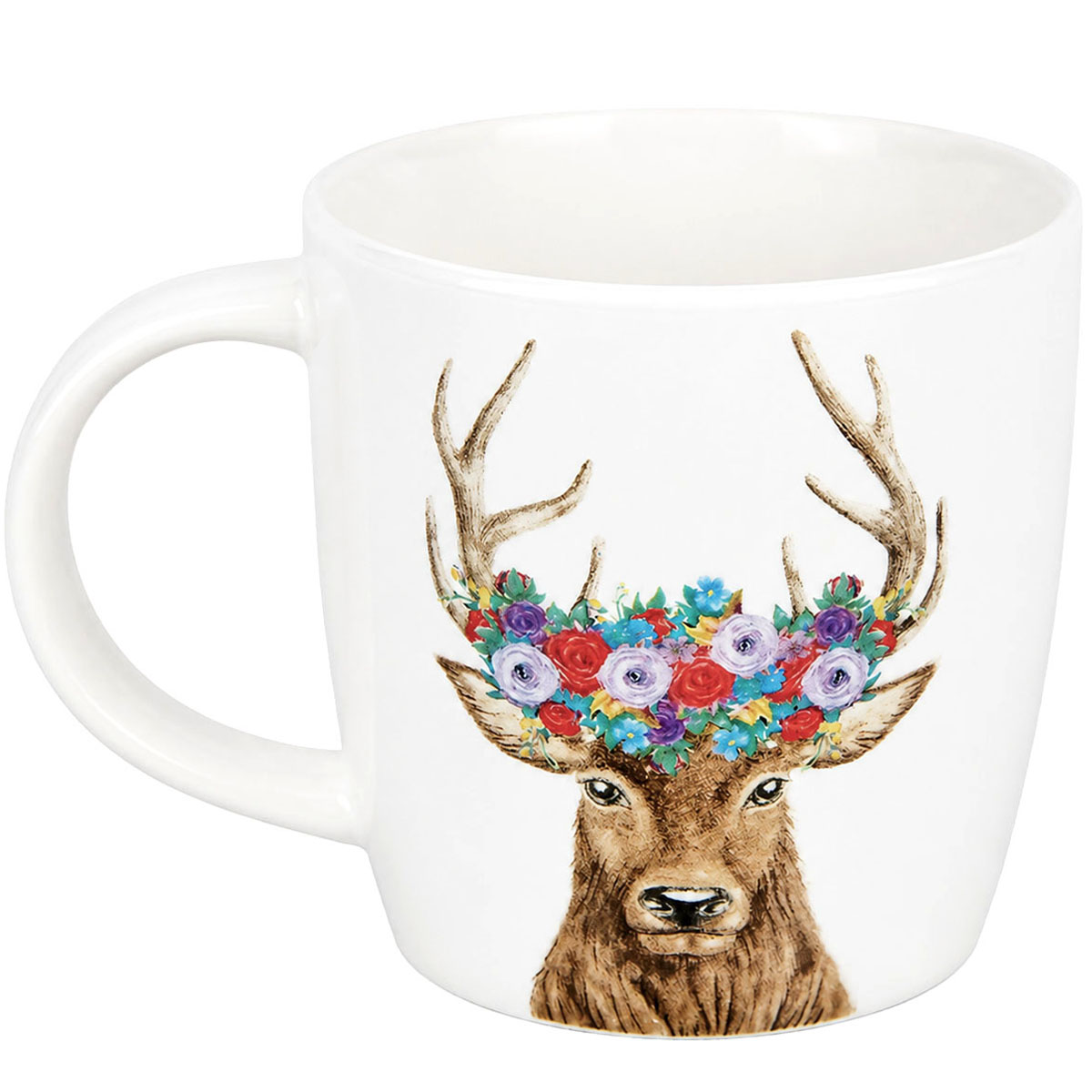 Porzellanbecher Hirsch mit Blumen, Henkelbecher mit Hirsch, 380ml, Gilde Handwerk
