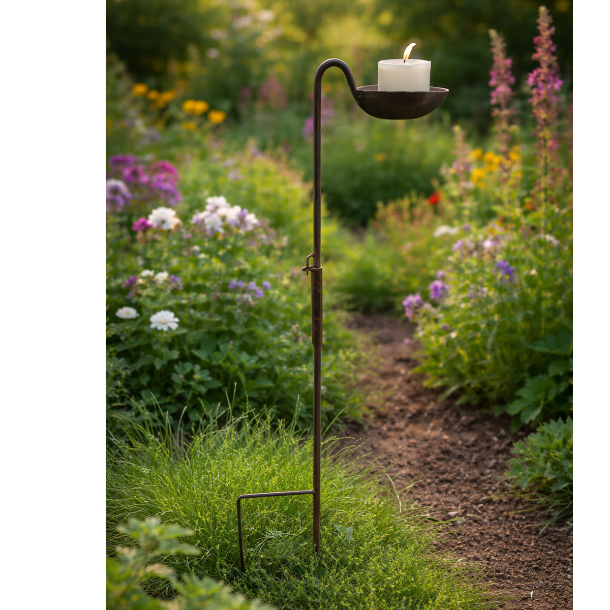 Deko Gartenstecker Kerzenhalter, Eisenstecker mit Schale, 105cm