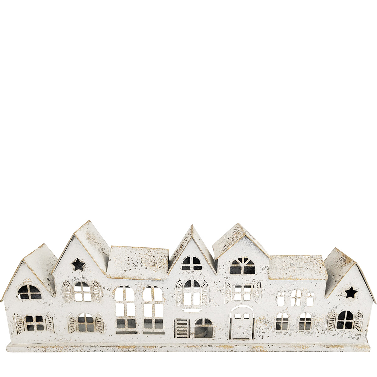 LED Windlicht Häuserzeile Weihnachten usedlook, langes Windlicht für Fensterbank, 51cm