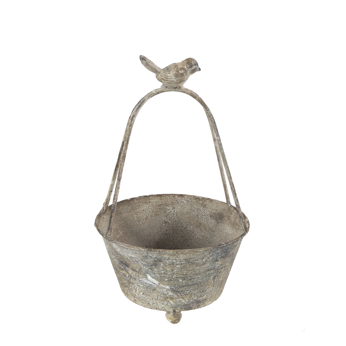 Deko Pflanztopf mit Bügel und Vogel, used look, antikgrau, 25cm, Metall 