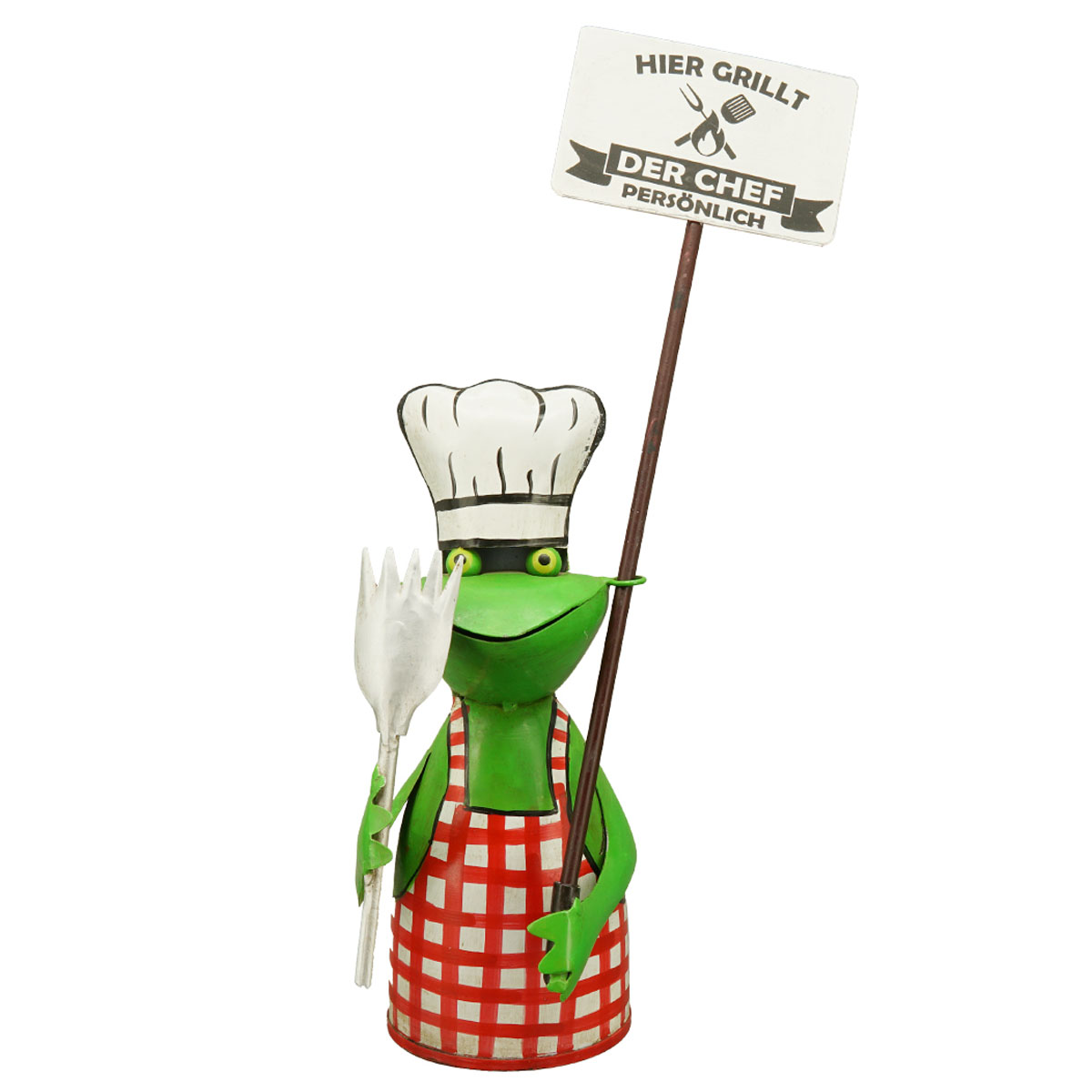 Zaunhocker Frosch Grillmeister BBQ, Metallfrosch mit Schild, 18cm