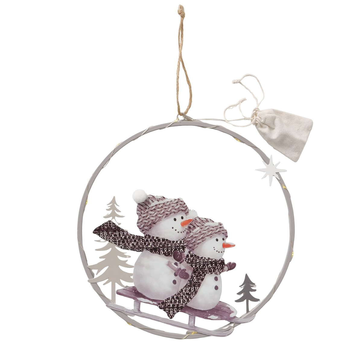 LED Winter- Hänger Frosty: lustige Schneemänner auf Schlitten, beleuchtet, Boltze Home Collections