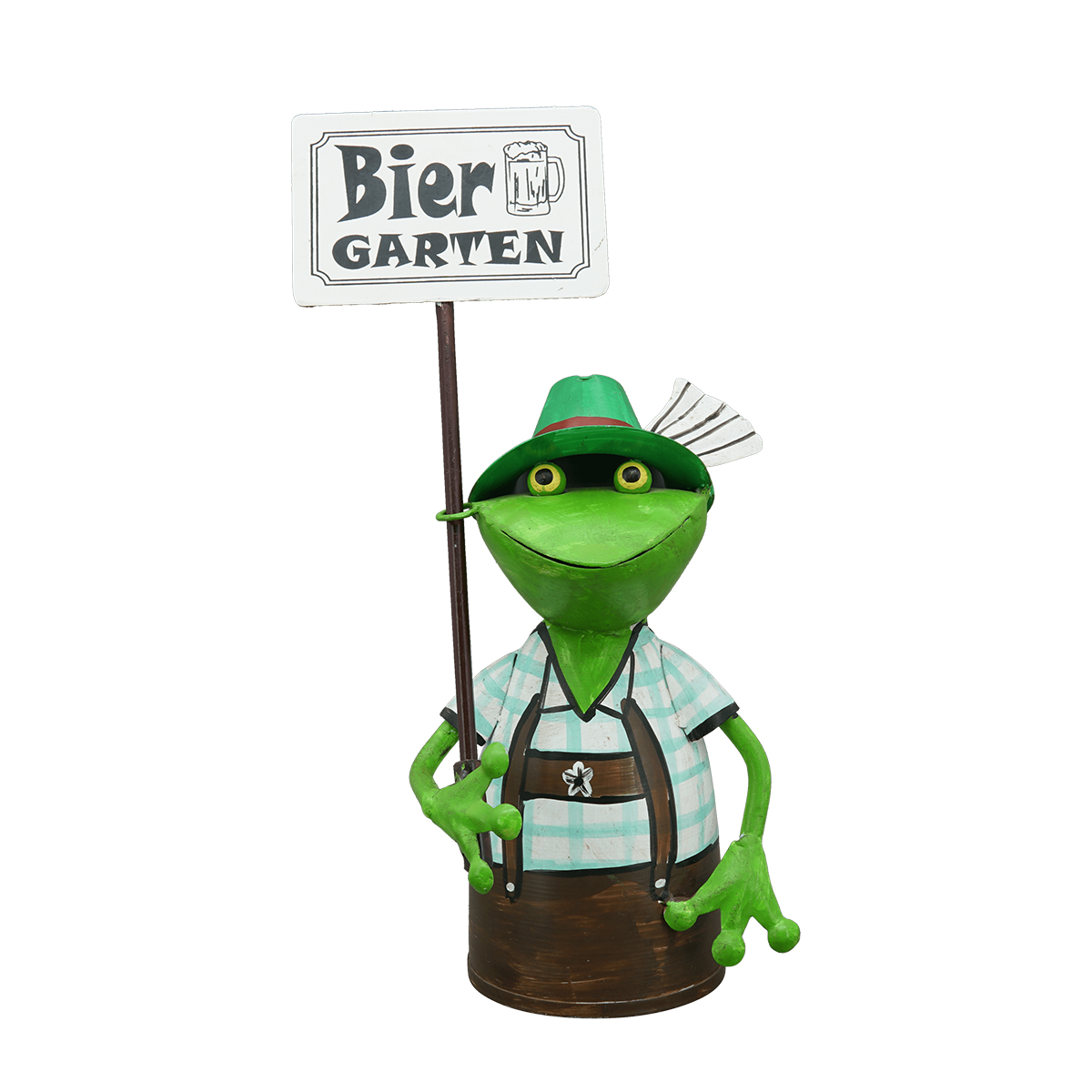 Zaunhocker Frosch Tracht, Metallfrosch in Lederhose mit Schild Biergarten, 30cm