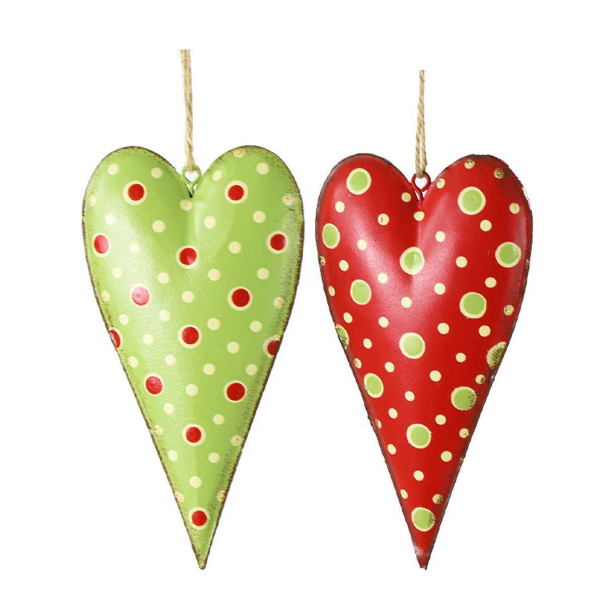 Deko Herz, Metallherz mit Punkte, rot und grün, 14cm, Hänger, Set/2