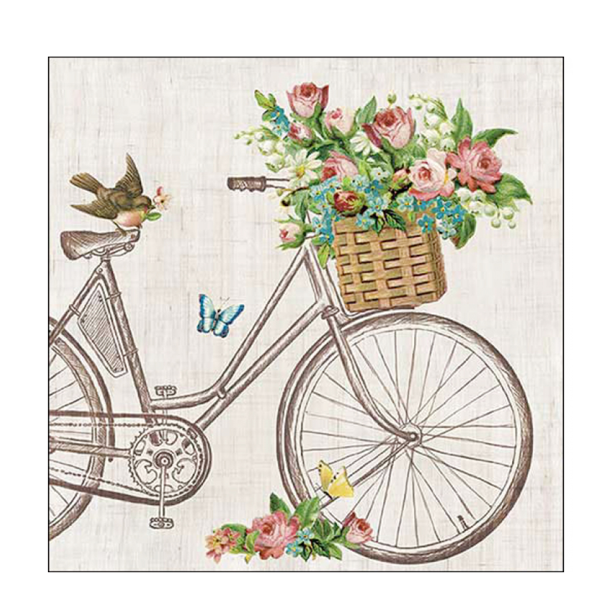 Ambiente Papierservietten Fahrrad mit Rosenkorb, Robin on bike, 33x33cm