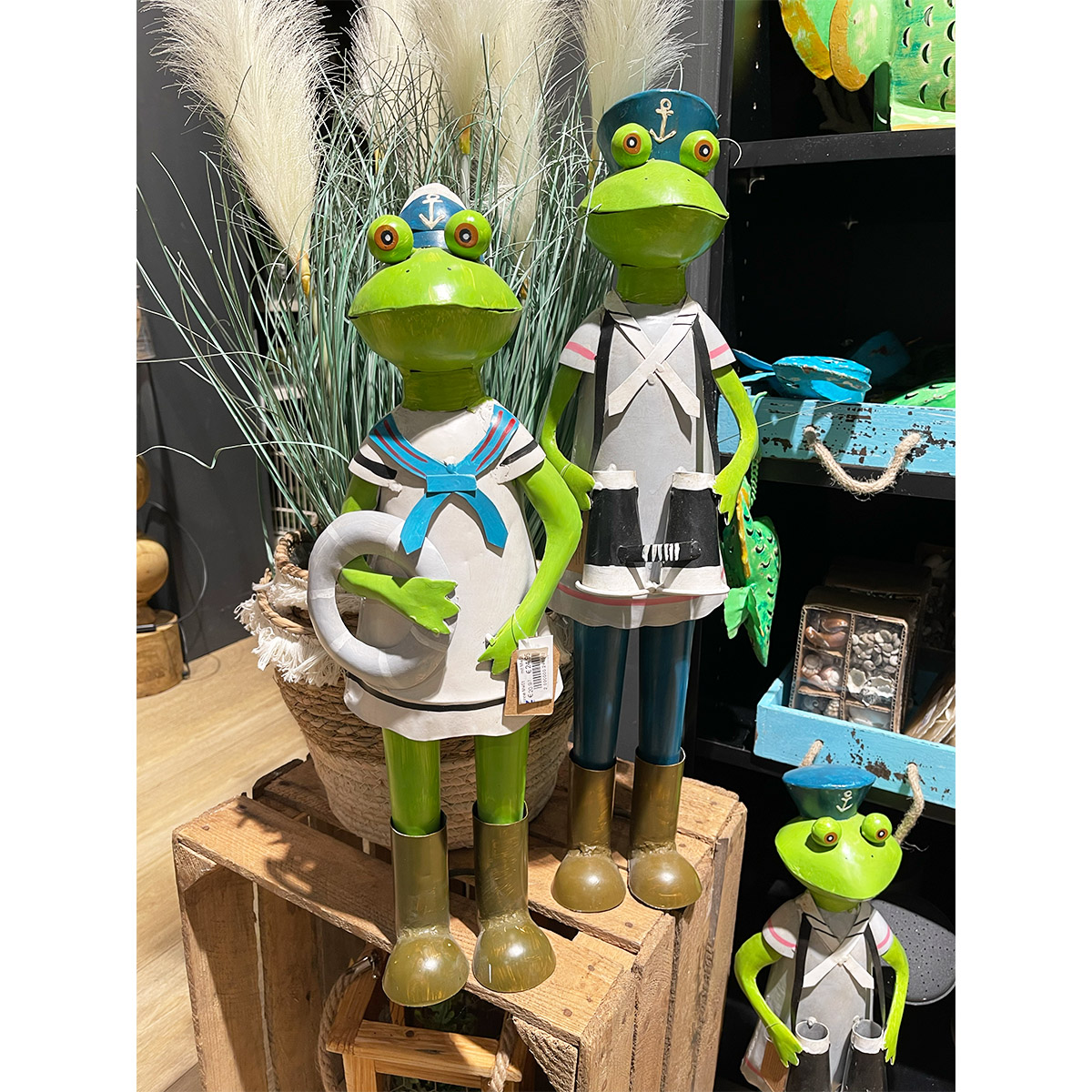 Deko Frosch, Metallfrosch Matrose mit Fernglas, 55cm, Metall  