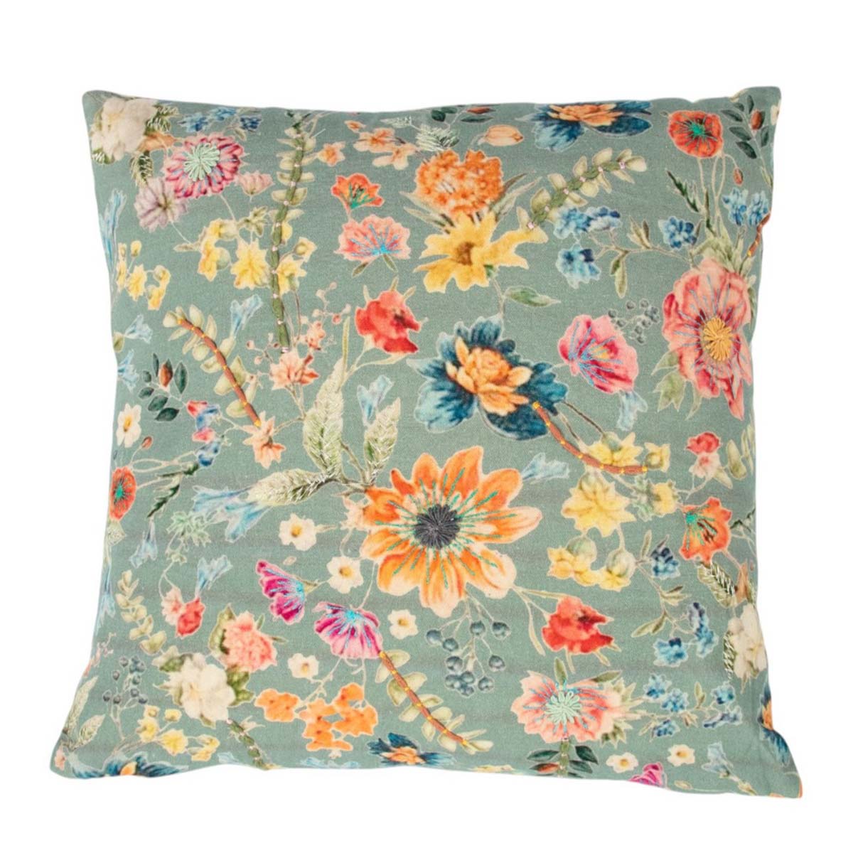 Baumwoll Kissen Wildblumen bestickt, petrolgrün, 45x45cm, Mars & More  