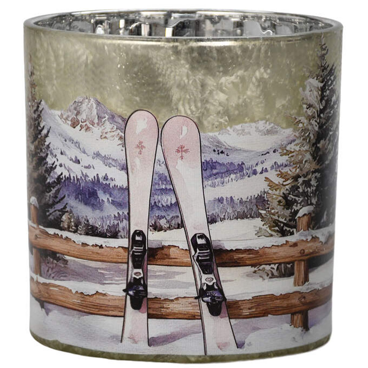 Windlicht Ski in den Bergen – Winterliches Glas-Windlicht mit Alpenmotiv, 15cm