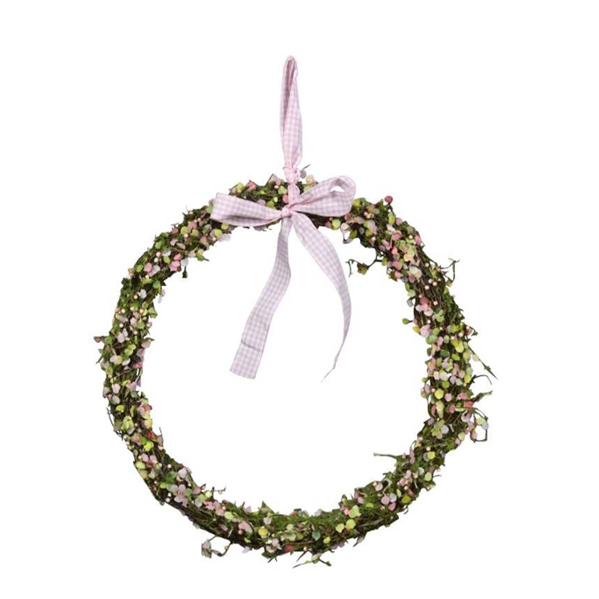 Deko Kranz zum Hängen, grüner Blätterkranz mit Schleife rosa, 22cm