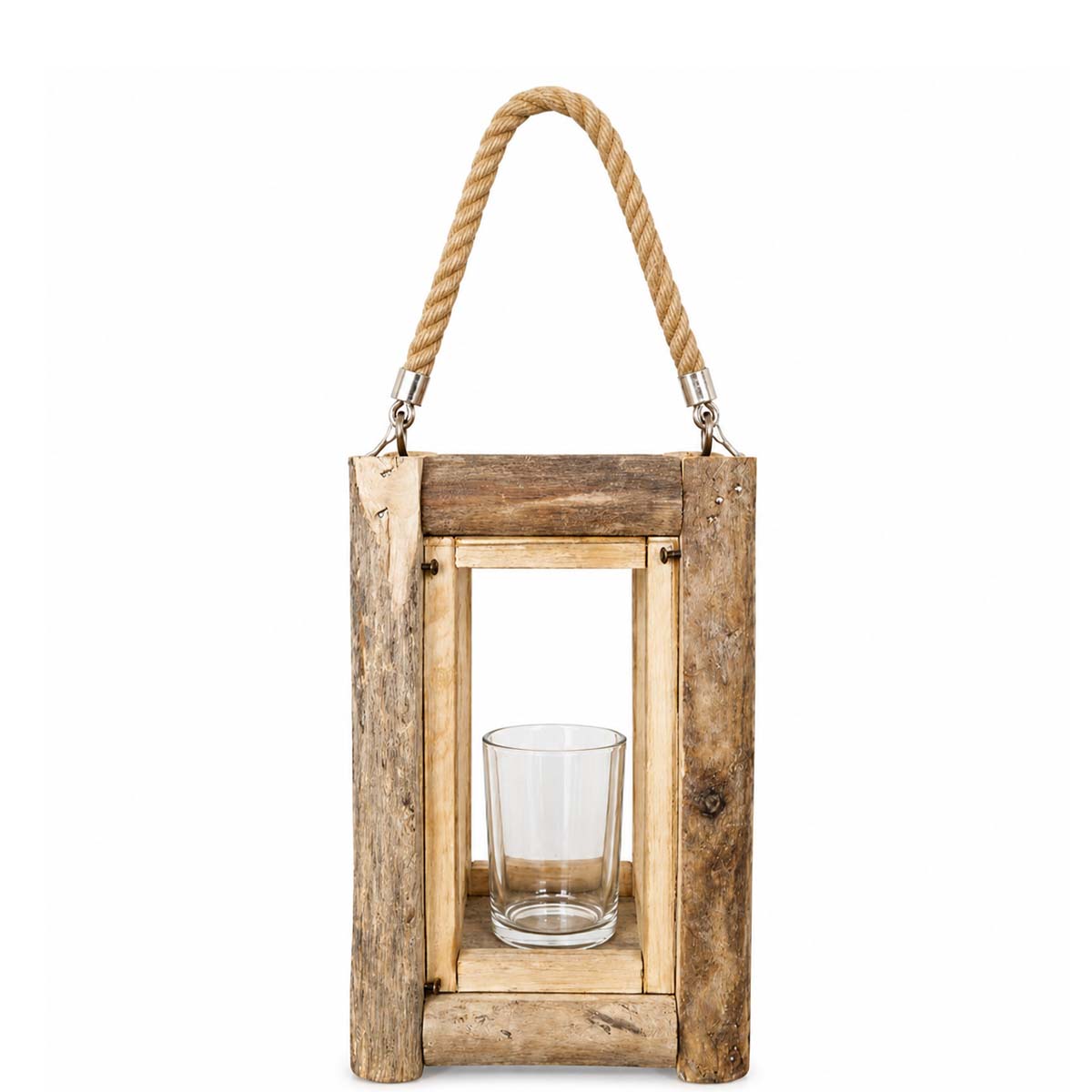 Holzlaterne Naturholz, schlichtes rustikales Windlicht, 28cm
