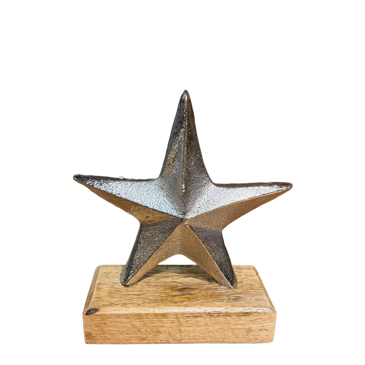 Deko Stern silber auf Holzsockel, Metallstern Weihnachten, 12cm