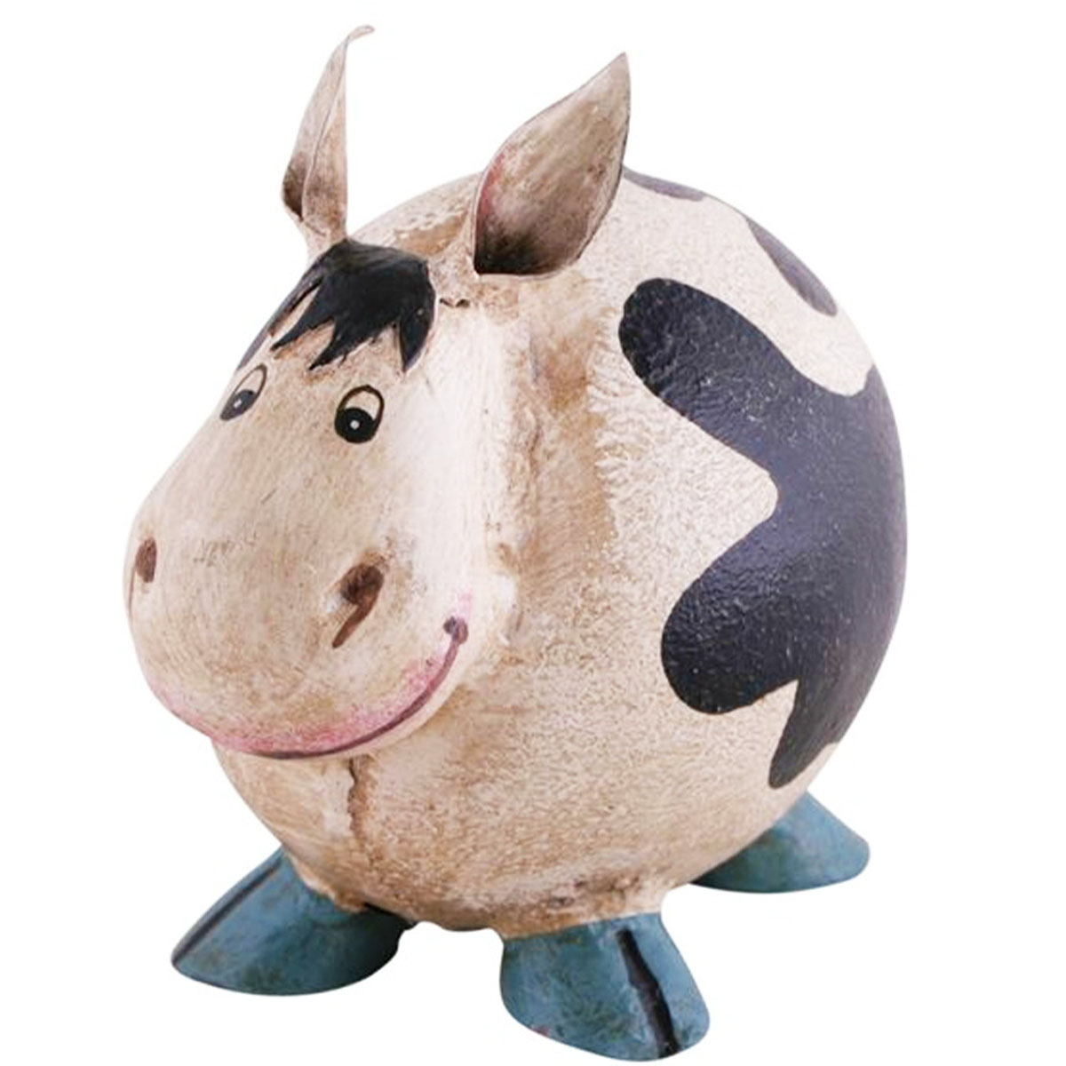 Spardose Kuh used look, Sparschwein Kuh weiß-schwarz mit blauen Hufen, Metallspardose