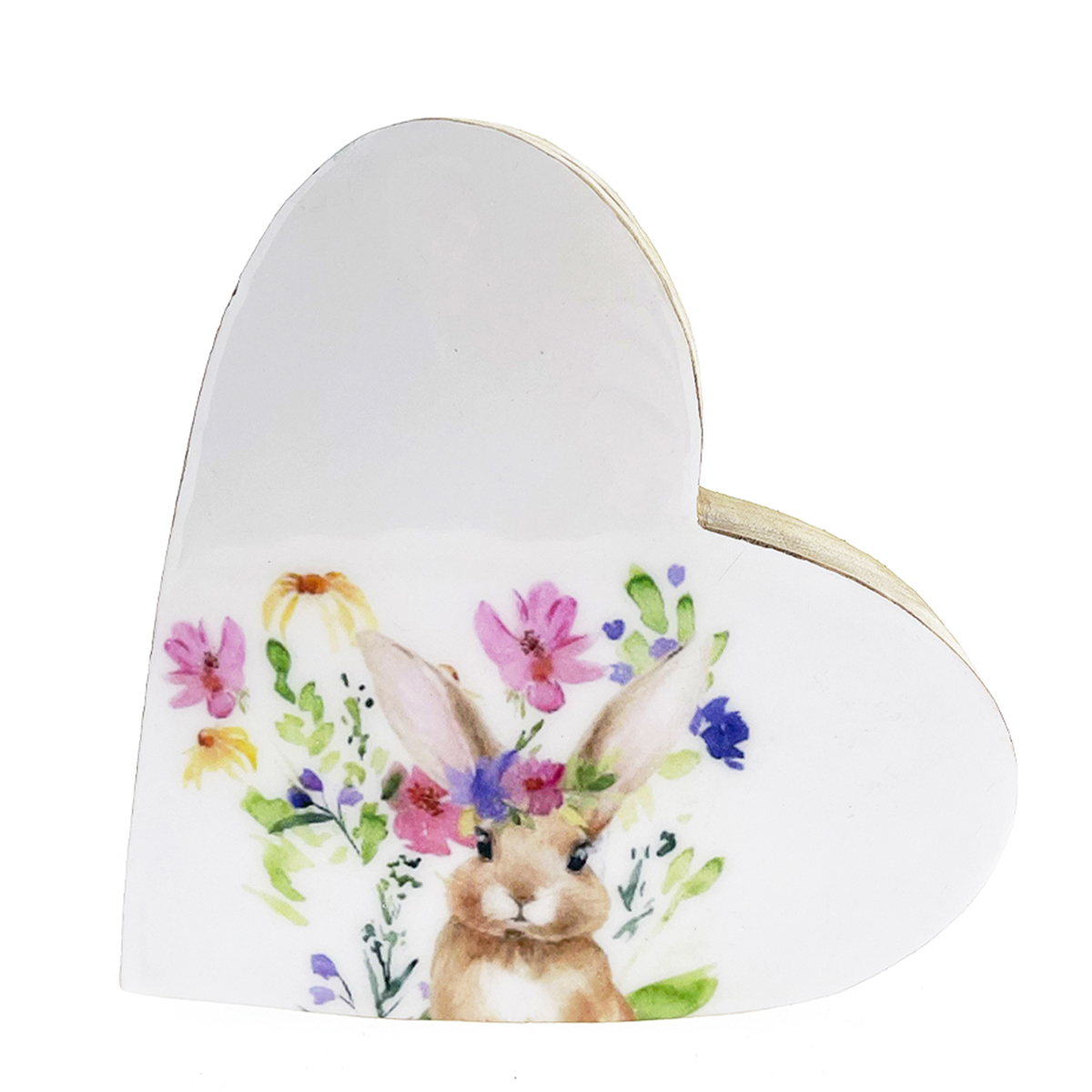 Deko Osterherz mit putzigem Häschen und Blumen, Holzherz mit Osterhase, 19cm, Aufsteller