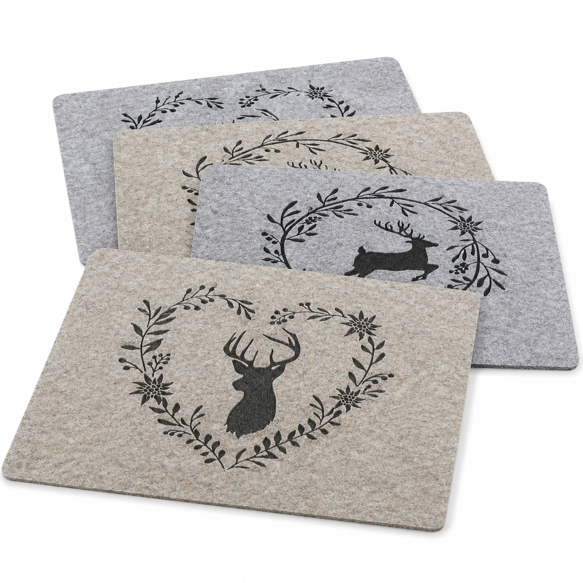 Filz-Tischsets mit Hirschmotiven Leopold, grau oder beige – rustikaler Alpenstil