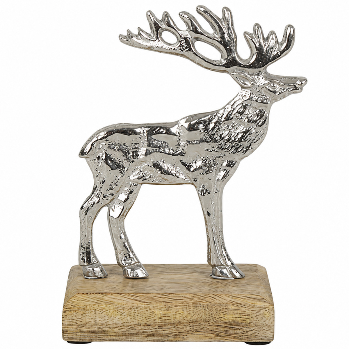 Metallhirsch auf Holzsockel, flacher silberner Metallhirsch beschlagen, 12cm