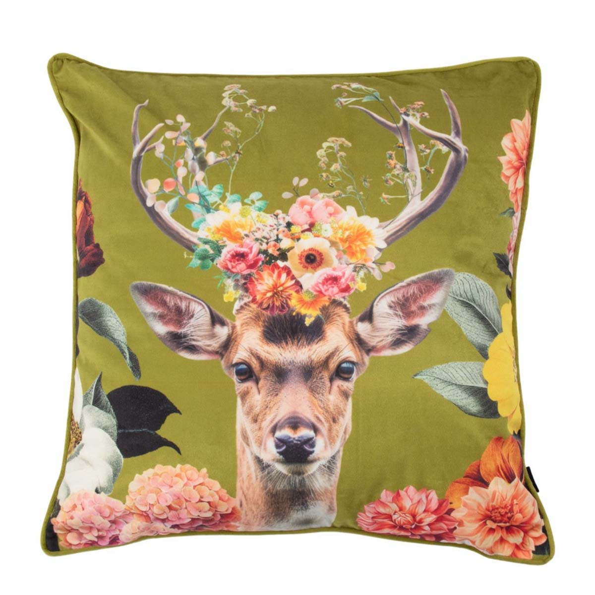 Deko Kissen Hirsch grün, Hirsch mit Blumengeweih bunt, 45x45cm, Mars & More
