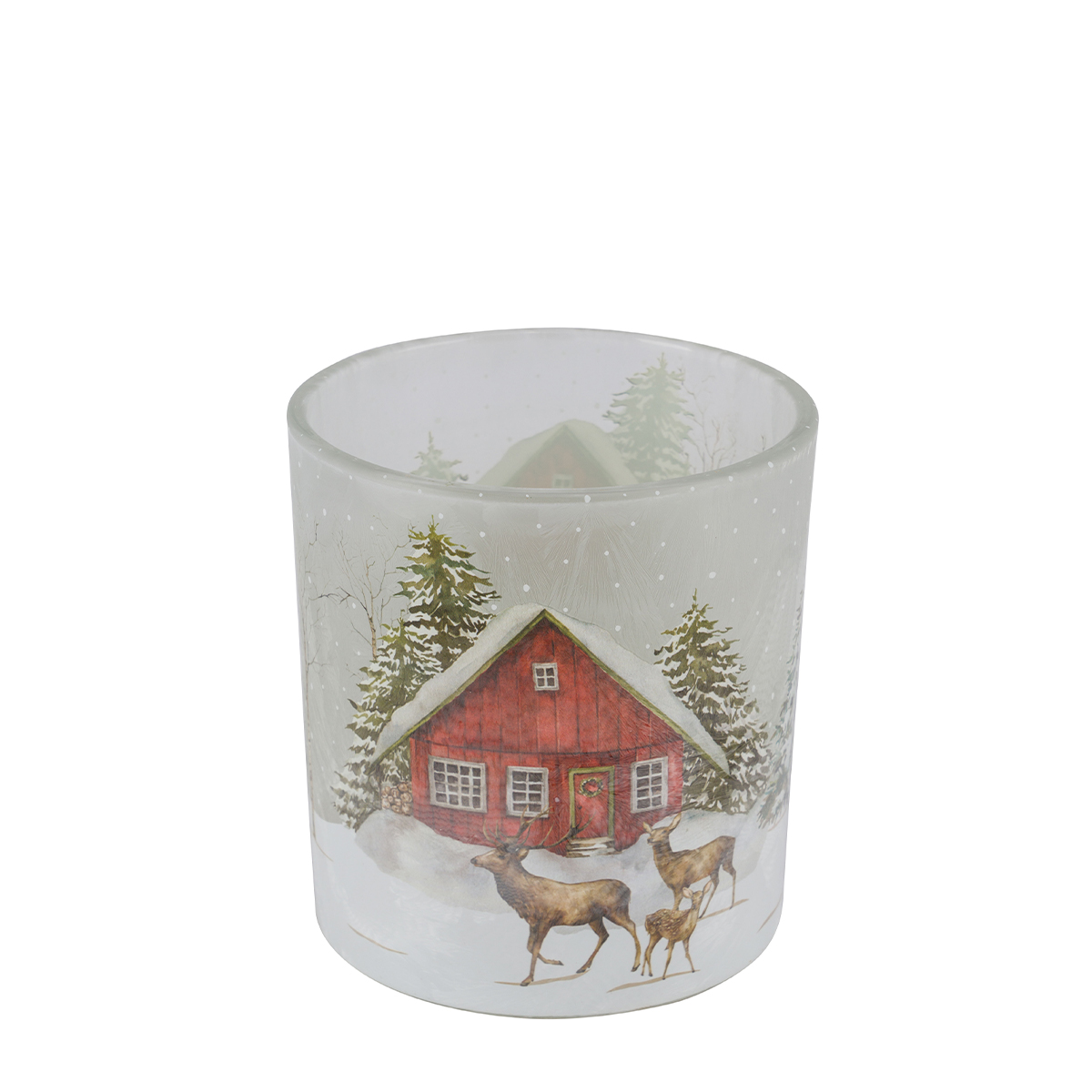 Windlicht Hüttenzauber, Glas Windlicht mit Berghütte, Hirsch und Rehe im Winterwald, 7cm