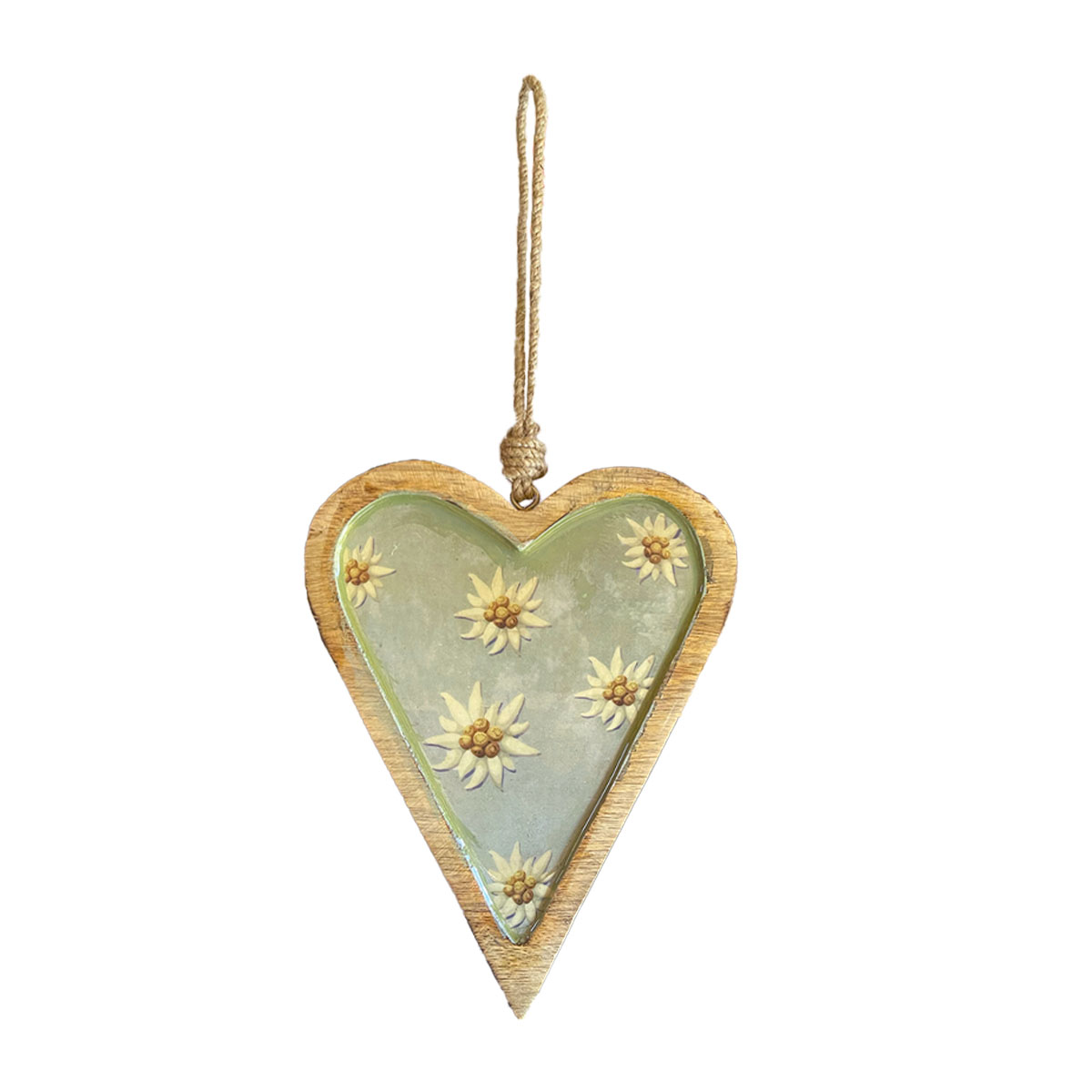 Deko Herz Landhaus, Holzherz blaugrau mit Edelweiß, Emailleoptik, 7x10cm, Hänger