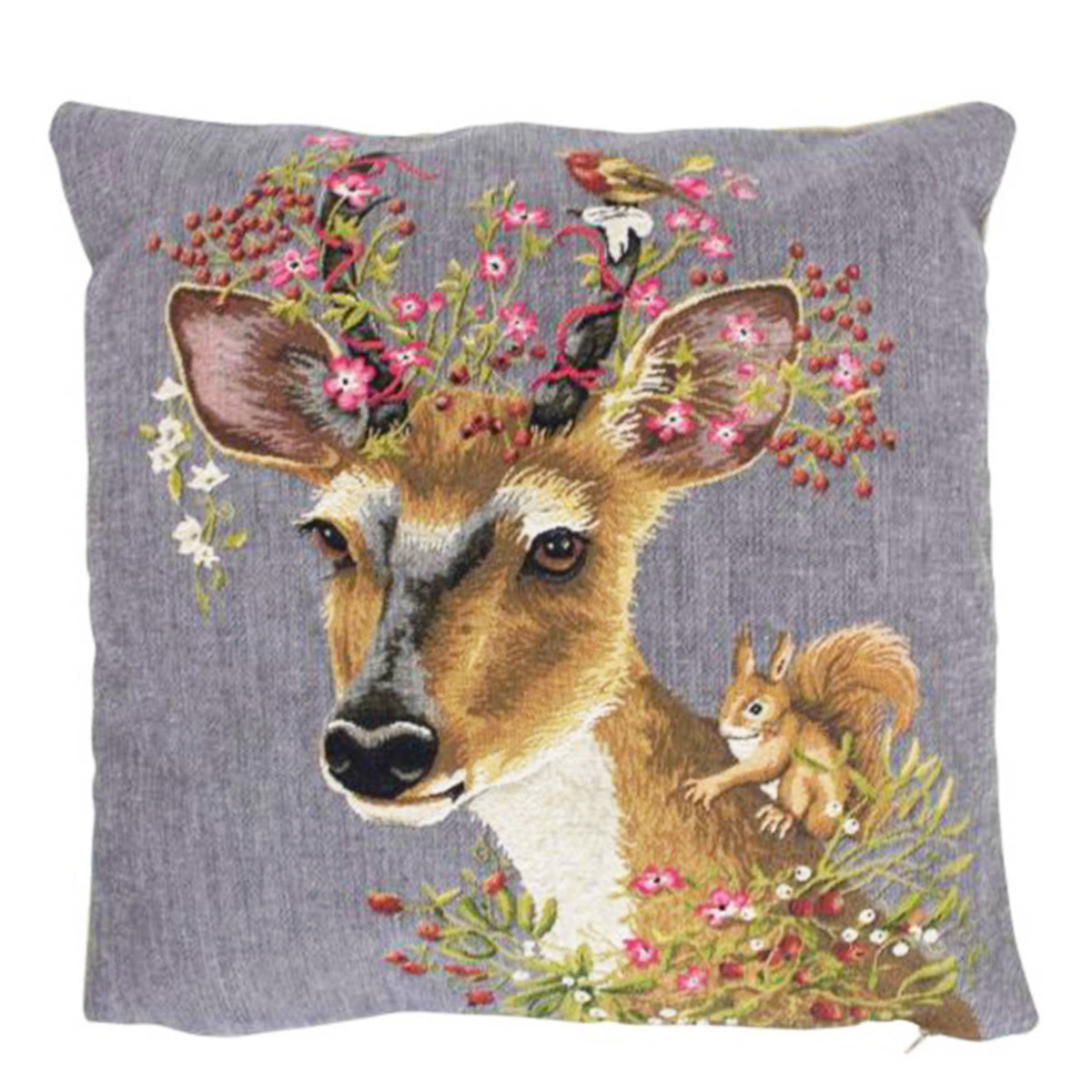 Gobelin Kissen Reh, kleiner Rehbock mit Blumen und Eichhörnchen, 45x45cm, Mars & More
