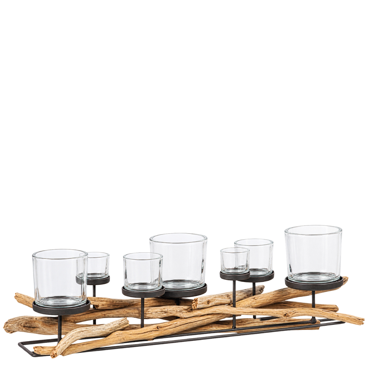 Windlicht Lincoln Schwemmholz, Naturholz Leuchter mit 6 Gläser, 55cm, WMG Grünberger