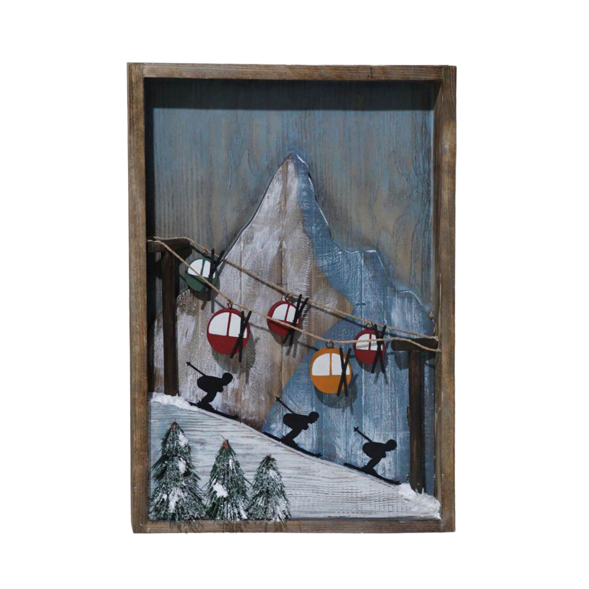 Deko Bild Wintersport Skiabfahrt und Gondeln, rustikales Holzbild Winter, 51x33cm 