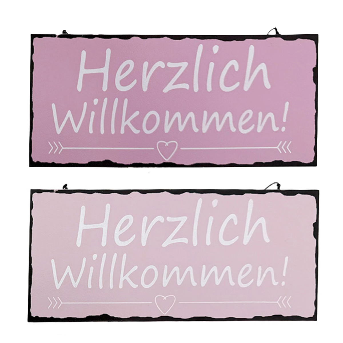 Metall-Schild mit Schriftzug: Herzlich Willkommen, rosa, 20cm