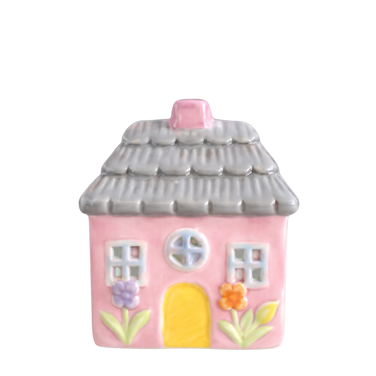 Windlicht Haus rosa, kleines putziges Keramikhaus mit Blumen, 9cm