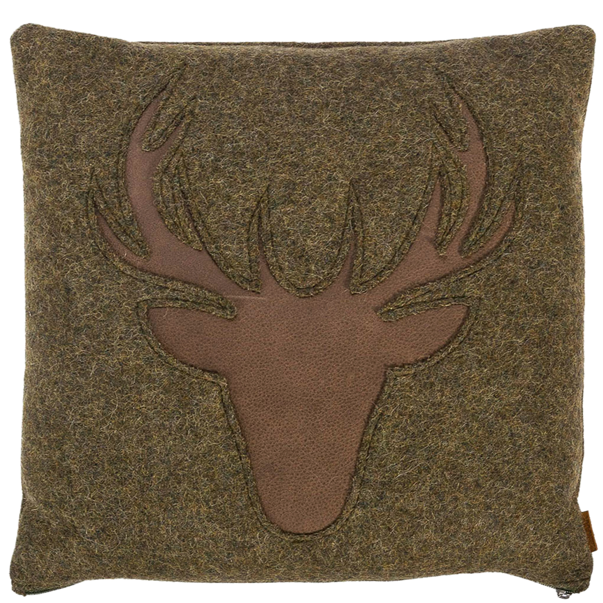 Loden Kissen Landhaus Hirsch, moosgrünes Filzkissen mit Lederapplikation Hirsch, 42x42cm