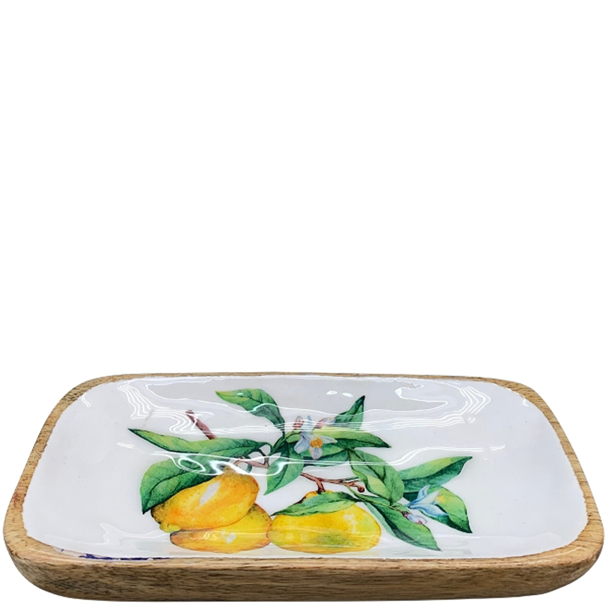 Tablett mit Zitronenmotiv, Holzschale mit Emailleoberfläche, 20cm