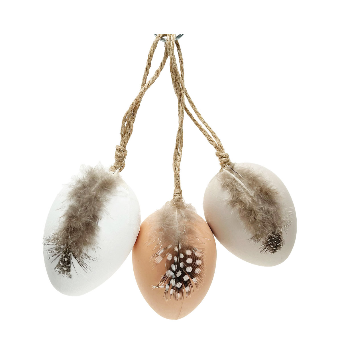 Kunststoff Eier mit Federn, Ostereier im Natur-Design, 3 St/Box, Hänger