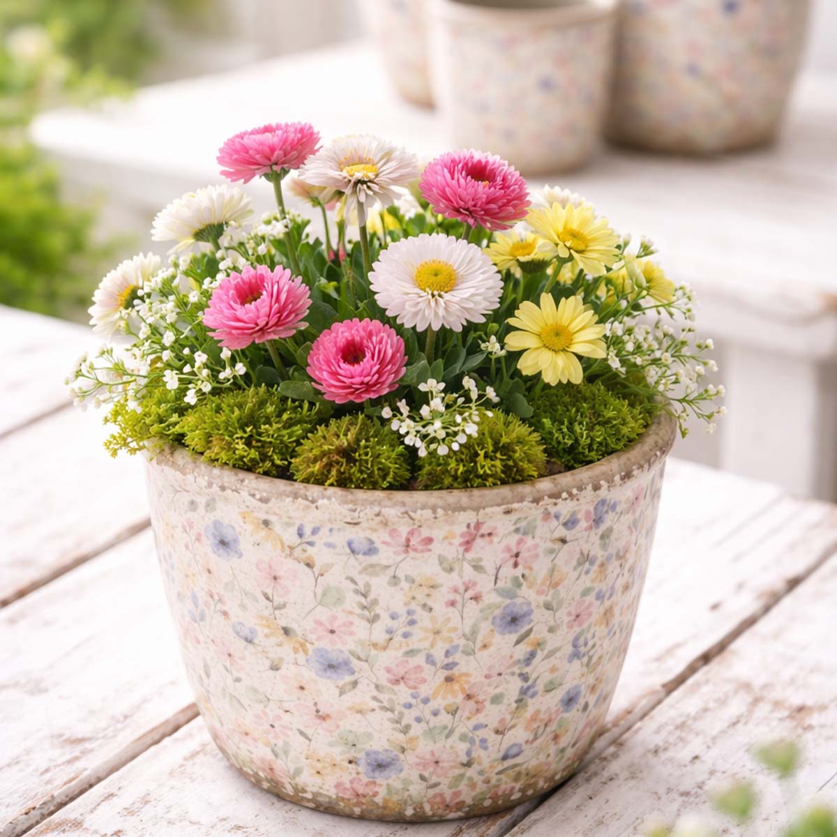 Übertopf Blumen, Keramiktopf mit Blümchenmuster, 16cm